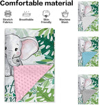 Custom Name Baby Blanket – Plush Flannel with Double-Layer Dotted Backing – Elephant and Green Leaves Theme for Infants and Toddlers