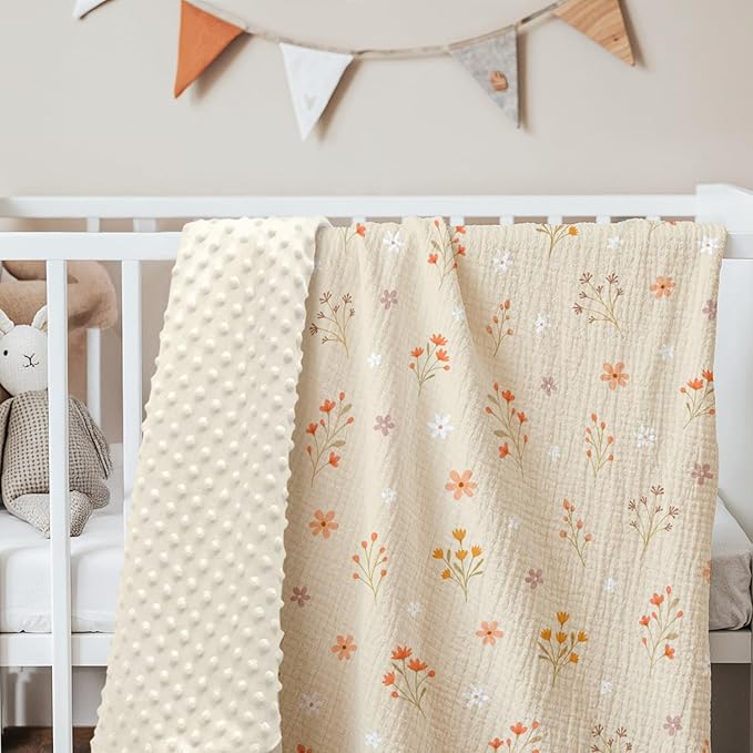 Floral Baby Blankets for Girls, Soft Nursery Minky Blankets with Muslin and Dotted Fleece Back 30x40 inches, Receiving Bed Quilt for Newborn, Infants, Toddlers