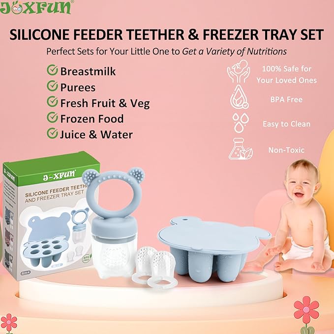 Silicone Baby Fruit Food Feeder & Mini Freezer Nibble Tray, Breastmilk Popsicle Molds for Baby Teething Relief, BPA Free Silicone Teething Toys Feeder for Safe Infant Self Feeding, Extra Food Pouches