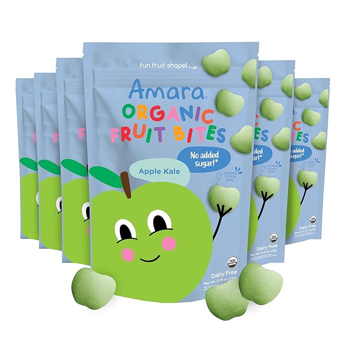 Amara Organic Fruit Bites Apple Kale - No Artificial Colors/Dyes, Added Sugar, Dairy-Free Fruit Snacks, Made with Organic Whole Foods, Healthy Fruit Snacks for Kids - 6 Pack