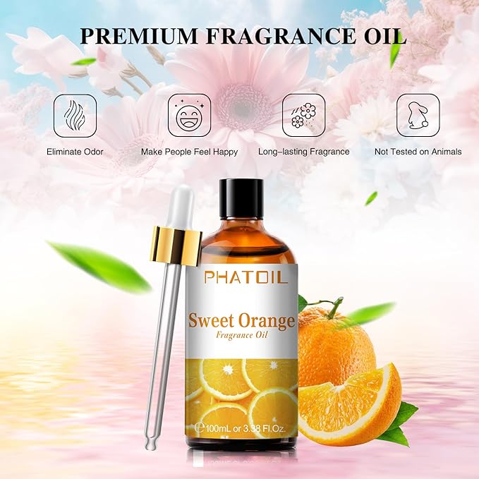 PHATOIL 100ML Sweet Orange Fragrance Oils for Aromatherapy, Diffuser Oils for Home, Perfect for Humidifier, Yoga, DIY Candle and Soap Making - 3.38FL.OZ