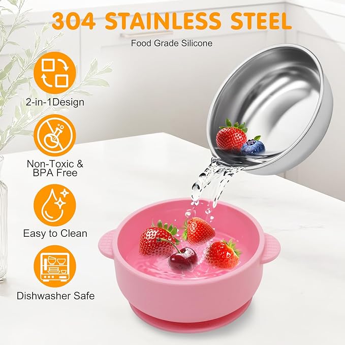 4 Pack Stainless Steel Baby Bowls with Suction, 2-in-1 SUS304 Toddlers Bowl & Removable Silicone Suction Kids Bowl Anti Scald Non Toxic Snack Container for Baby Food Feeding