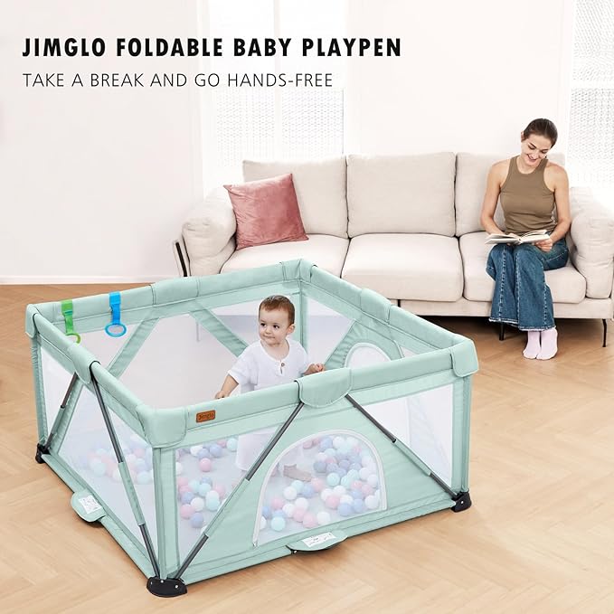 Baby Playpen Foldable, Playard for Babies and Toddlers, Portable Playpen Activity Center with 50 Balls+2 Handles for Travel, Indoor & Outdoor Play Pen with Mesh 59''x71''