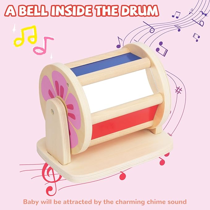 Montessori Spinning Drum Baby Toys, Wooden Tummy Time Mirror Play Kit and Rainbow Fabric Ball Kit Toys for 6-12 Months Toddlers