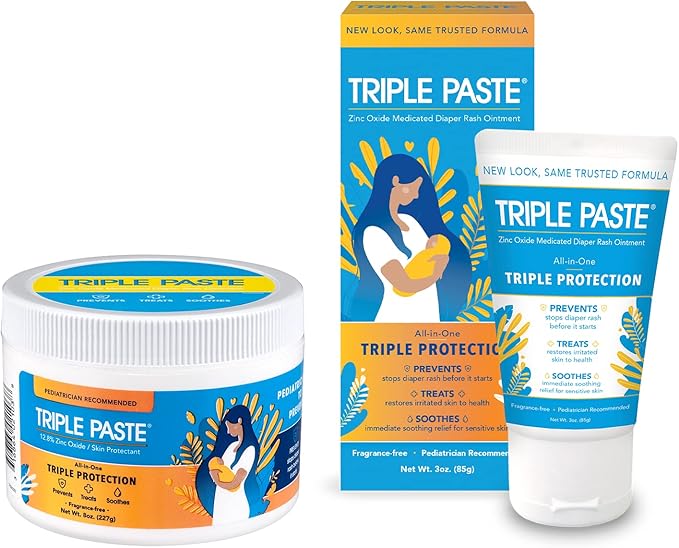 Triple Paste Diaper Rash Cream for Baby - 8 Oz Tub & 3 Oz Tube At Home & On the Go Bundle - Zinc Oxide Ointment Treats, Soothes and Prevents Diaper Rash