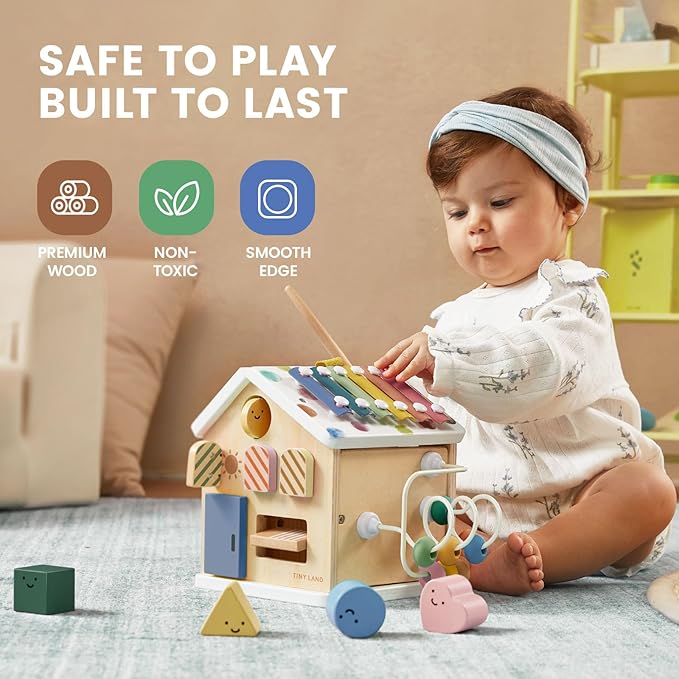 Tiny Land 9-in-1 Wooden Activity Cube, Montessori Baby Activity Center for 1+ Year Old, Educational Toy for Toddlers, Ideal Gift for Boys and Girls (Morandi)