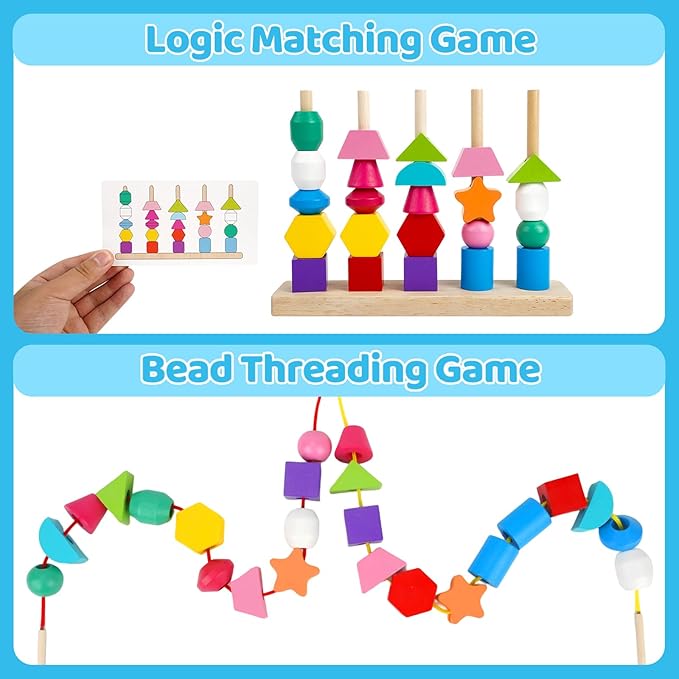 Montessori Toys for 2 3 4 Year Old Kid Boy Girl Toddler, Montessori Wooden Beads Sequencing Toy Set, Lacing Beads & Stacking Block & Matching Shape Stacker, STEM Preschool Learning Toy Birthday Gift