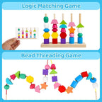 Montessori Toys for 2 3 4 Year Old Kid Boy Girl Toddler, Montessori Wooden Beads Sequencing Toy Set, Lacing Beads & Stacking Block & Matching Shape Stacker, STEM Preschool Learning Toy Birthday Gift