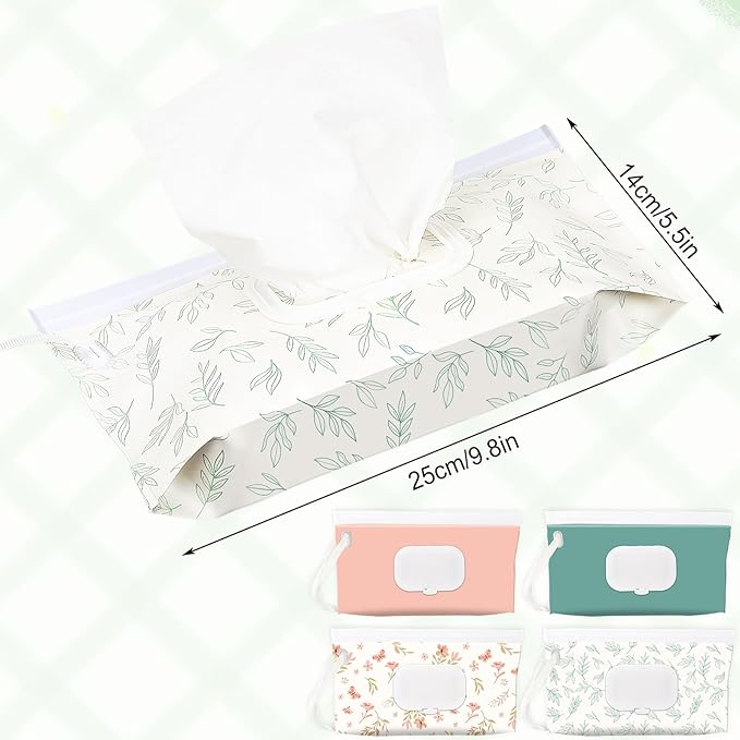 FEBSNOW 4 Pack Baby Wipes Dispenser Holder, Portable Refillable Baby Wet Wipes Pouch Container Reusable Travel Case for Outdoor Hiking, Green Leaves