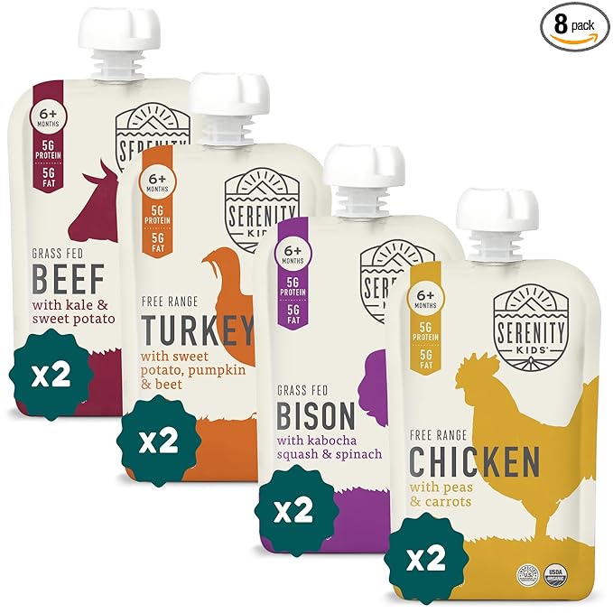 Serenity Kids 6+ Months Baby Food Pouches - Ethically Sourced Meat & Organic Veggies - High Protein Savory Baby Puree Pouches for Baby Snacks - 3.5 Oz, 8 Pack