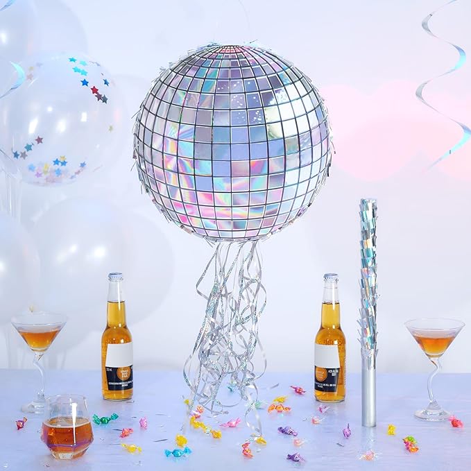 WERNNSAI Disco Ball Piñata - Disco Party Decoration for Adult Birthday Party Supplies Hanging Disco Piñata with Bat Blindfold Mirror Roller Skating Pull String, 12.2” x 12.2”