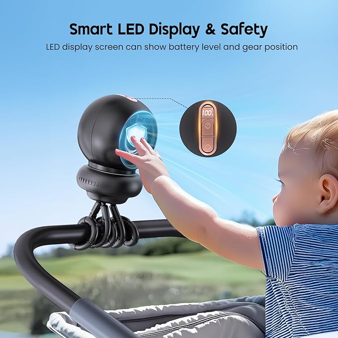Stroller Fan, Battery Operated Baby Stroller Fans, 8000mAh Rechargeable Fans, 75° Auto Oscillation Portable Fan, 5-12H Runtime, 4 Speeds Wind, Detachable Base & LED Display