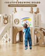 YUFU 12 in 1 Kids Slide for Toddlers, Toddler Slide Playset with Golf, Drawing Board, Climber, Basketball Hoop and Storage Space, Indoor Outdoor Toddler Playground for Kids Age 1-3 (Brown)