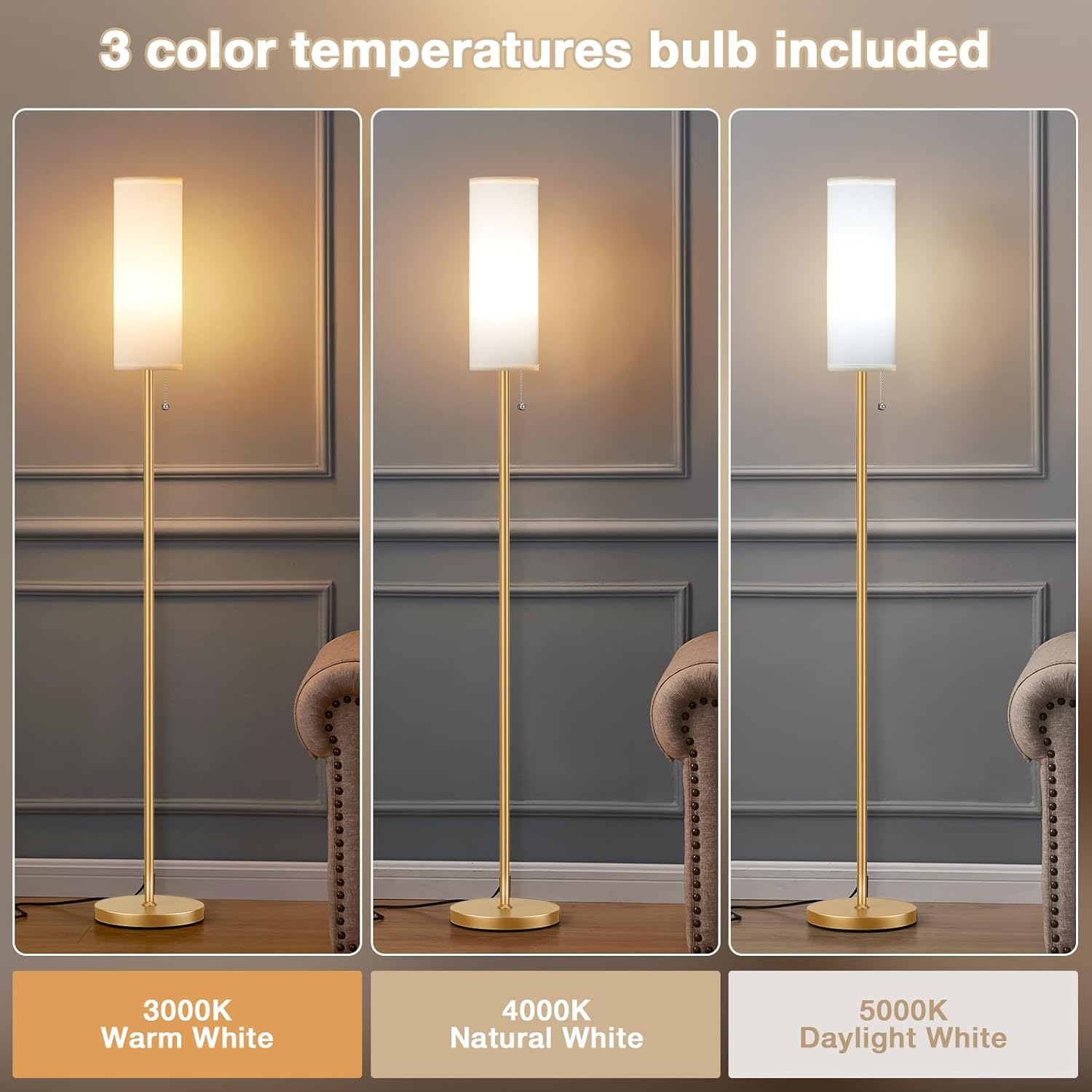 Ambimall Floor Lamp with 3 Color Temperatures Bulb, 64" Standing lamp with Linen lampshade for Bedroom, Minimalist Pole Lamp, White Shade & Gold Pole