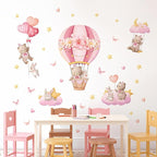 Tanlaby Pink Hot Air Balloon Wall Stickers Cartoon Bear Rabbit Stars Heart Wall Decals Peel and Stick Art Decor for Girls Bedroom Baby Nursery Kids Playroom Classroom