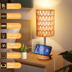 Rattan Table Lamps for Living Room, 3 Way Dimmable Touch Lamps, Small Bedside Lamps with LED Bulbs, Phone Stand, USB Ports and AC Outlet, Boho Nightstand Lamp for Bedroom Office (2 Pack Faux Wood)