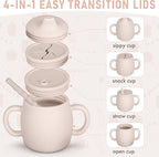 4-in-1 Silicone Sippy Cup with Snack and Straw Lid 6oz | Transition Training Cup for 6+ months to Toddler (Beige)
