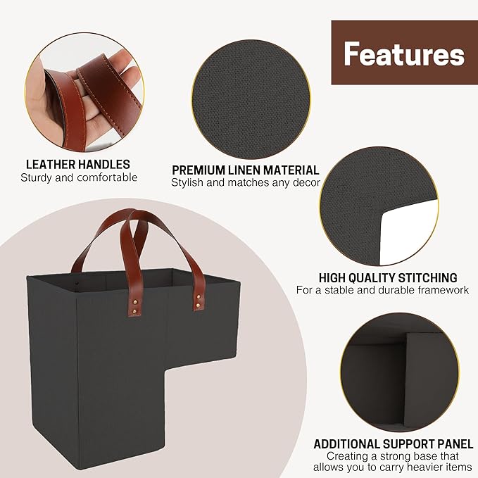 SAM AND MABEL Stair Baskets for Carpeted Stairs and Wooden Stairs – 16”L x 9.5”W x 16”H Staircase Basket with Handles, Foldable Stairway Storage Organizer for Home and Office Decor (Elegant Black)