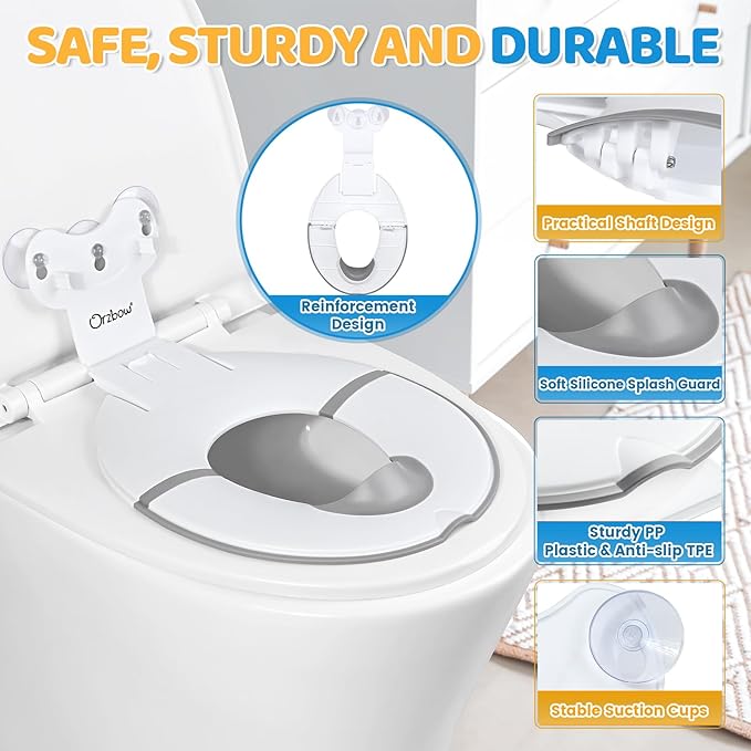 Orzbow Foldable Potty Training Seat, Toddler Toilet Seat for Travel with Suction Cups for Adult Toilets | Firmly Adhere and Adjustable Length | Non-Slip with Splash Guard, Easy to Clean, White
