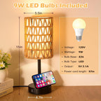 Rattan Table Lamps for Living Room, 3 Way Dimmable Touch Lamps, Small Bedside Lamps with LED Bulbs, Phone Stand, USB Ports and AC Outlet, Boho Nightstand Lamp for Kids Room, Bedroom, Office (1 Pack)