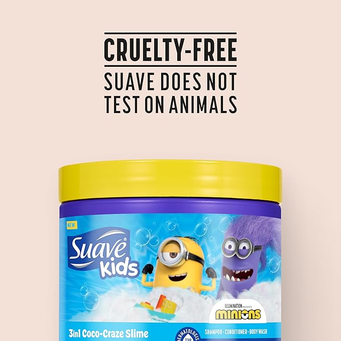 Suave Kids Minions Coco-Craze Slime 3-In-1 Shampoo, Conditioner, and Body Wash, For Tear-Free and Gentle Cleansing, 13.5 oz, 4 Pack