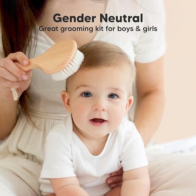 Baby Hair Brush and Comb Set for Newborn - Wooden Baby Hair Brush Set with Soft Goat Bristle, Baby Brush Set for Newborns, Baby Brush and Comb Set Girl, Boy, Toddler Cradle Cap Brush (Round, Walnut)