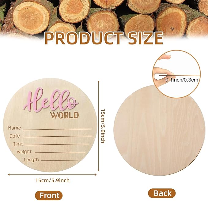 Baby Announcement Sign, 5.9 Inch Wooden Hello World Newborn Signs, Birth Announcement Sign, Baby Shower Hospital Nursery for Newborn Boys and Girls (Pink,Pen)