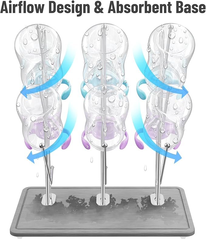 NiHome Baby Bottle Drying Rack with Diatomite Base & Stainless Steel Frame, Foldable Countertop Organizer Holds 9 Bottles, Space-Saving Stand for Water Bottles, Lids, Reusable Bags & More