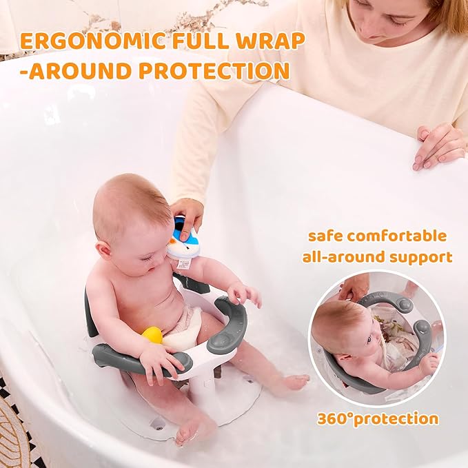 Baby Bath Seat for Babies 6 Months & Up Sitting Up,Infant Bath Seat with Temperature Alert+Open Backrest+on/Off Armrest,Toddler Bath seat Baby Bath Chair for Bathtub,Tub,Sink Grey