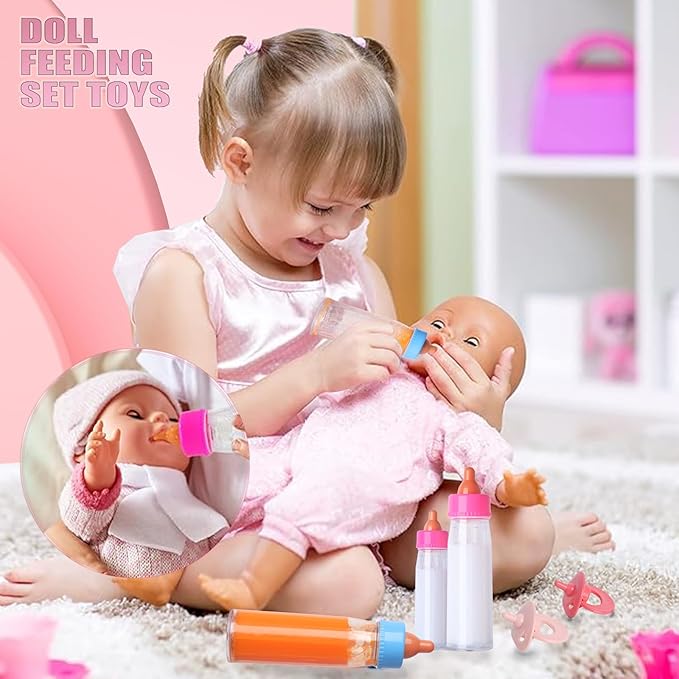 Baby Doll Bottles Accessories Set for Toddlers, 2 Milk Bottle 2 Juice Bottles and 2 Toy Pacifier (Red)