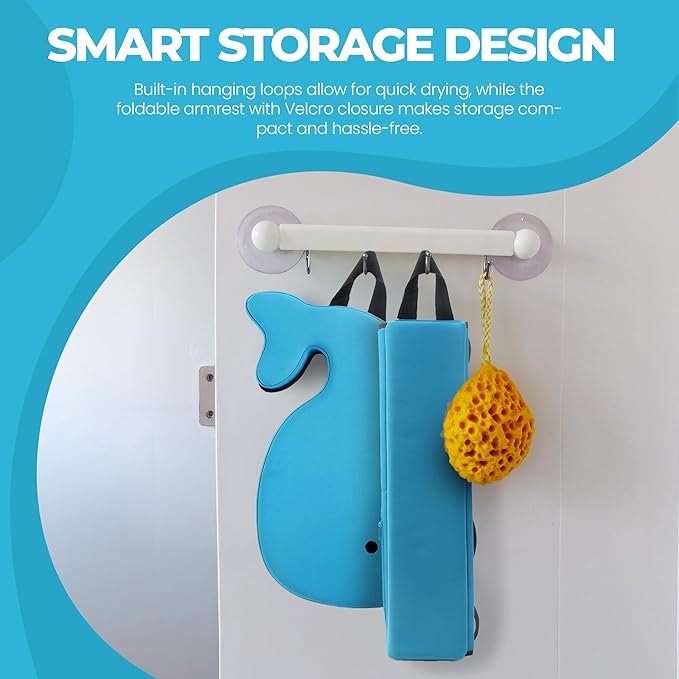 Whale Baby Bath Kneeler and Elbow Rest Set – Extra Thick Padded Cushion – Waterproof Non-Slip Mat with Storage Pockets – Bathtime Safety – Baby Shower or Registry Gift for Moms and Dads (Blue)