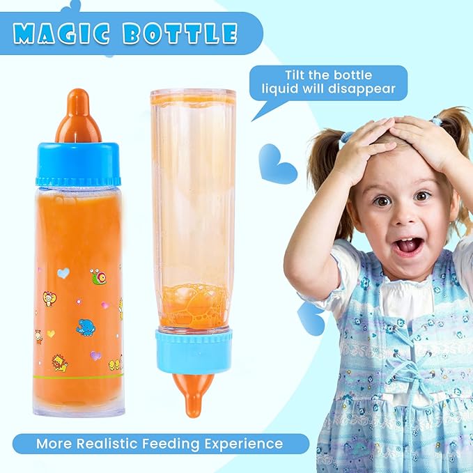 SCOM Reborn Baby Doll Accessories - 10 Pcs Feeding Set, Magic Disappearing Bottle with Milk & Juice, Pretend Play Toy with Alive Diaper & Magnetic Pacifier & Bib & Tableware, for Toddler Kid Gift Pink