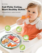 Stainless Steel Toddler Plate with Suction, 8” Divided Plates with Removable Silicone Sleeves for Baby, Non Toxic & BPA Free | Non Slip | Unbreakable Kids Snack Dishes Set of 2, Green & Purple