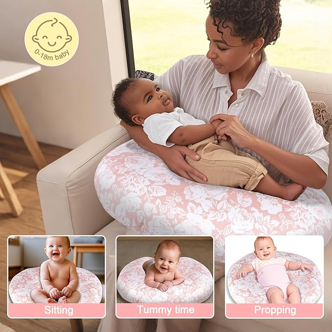 Baby Nursing Pillow for Breastfeeding, Adjustable Breast Feeding Pillow for Bottle Feeding, Breastfeeding Essentials for Mom and Baby Healthier Nursing, Removable Cover- Rose