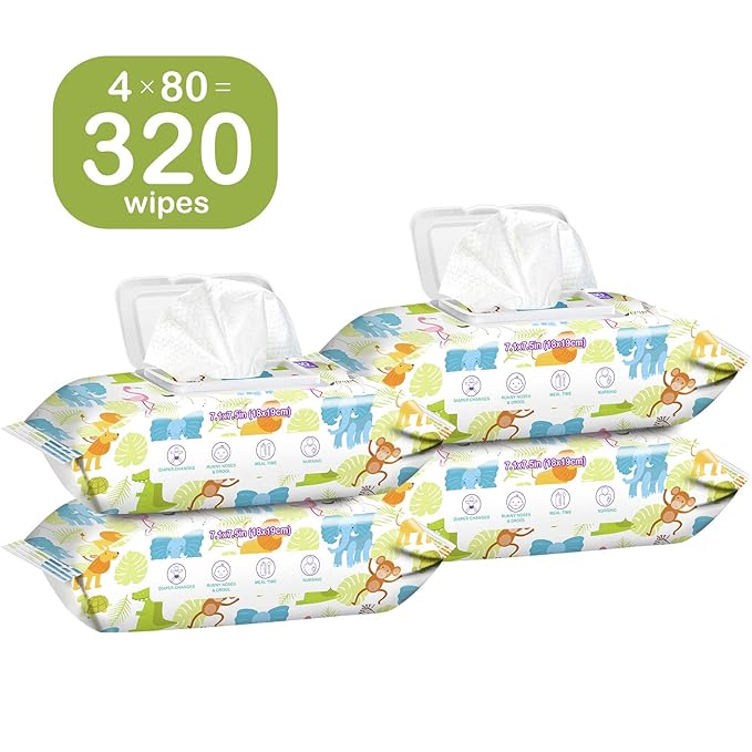 HAPPY BUM Sensitive Water Baby Diaper Wipes, Baby Wipes, Unscented, 4 Flip-top packs (320 Wipes Total)