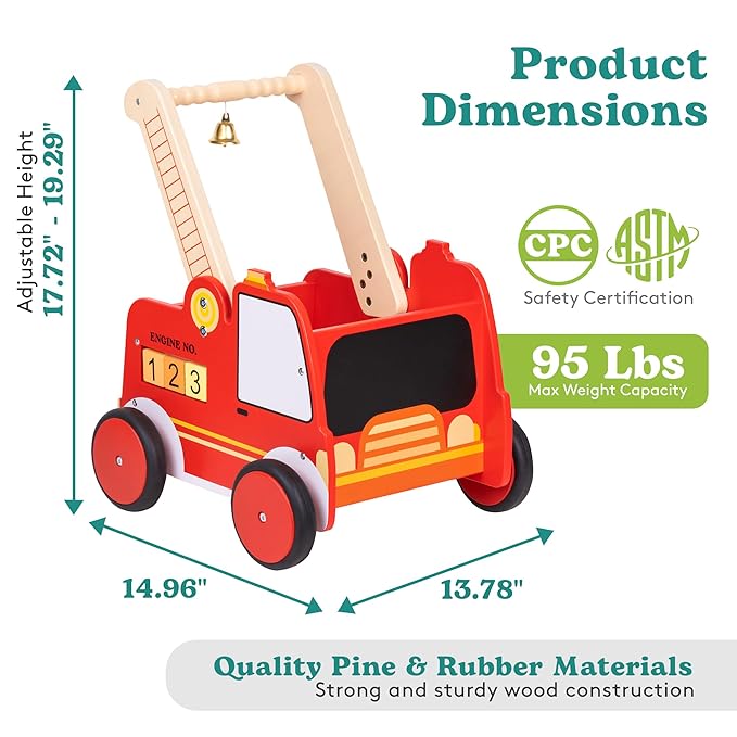Wooden Baby Walker with Wheels - Baby Walkers for Boys Fire Truck Walker Baby - Walker for Baby Boy with Rigged Handles - Adjustable Height and Chalkboard on Wooden Activity Walker