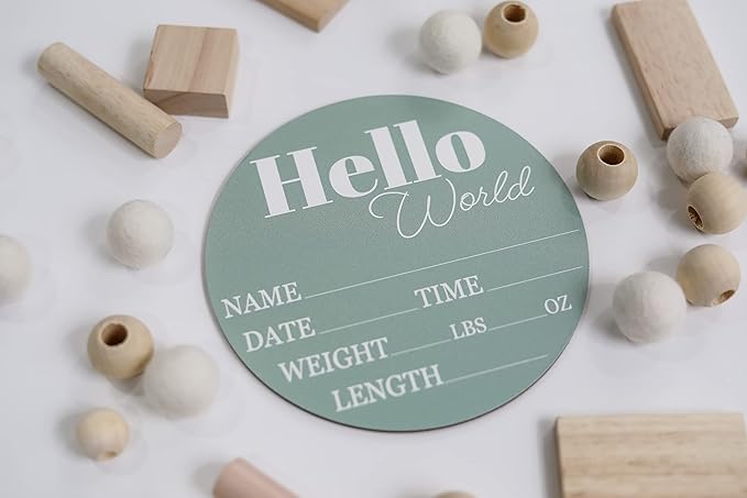 Hickory Hollow Designs - Baby Announcement Sign for Newborn Boys and Girls (Color Bases) - Hello World Nursery Decor Sign & Photo Prop for Babies Made of Birch Wood - 6" Circle Board (Sage)