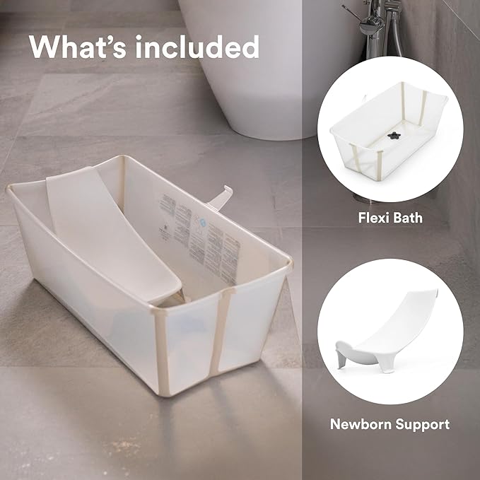 Stokke Flexi Bath Bundle, Sandy Beige - Foldable Baby Bathtub + Newborn Support - Durable & Easy to Store - Convenient to Use at Home or Traveling - Best for Newborns & Babies Up to 48 Months