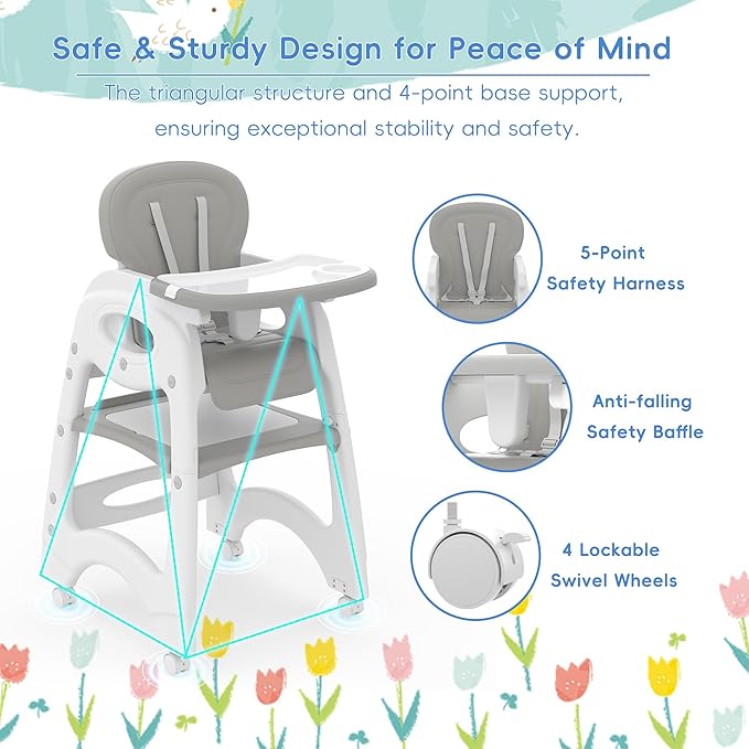 Xilingol 8 in 1 Convertible Baby High Chair W/Wheels, Baby Feeding Chair W/Adjustable Backrest & Removable Dual Tray, Building Block Table & Chair Set, HighChair for Babies & Toddlers (Grey)