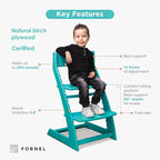 FORNEL Modern Wooden High Chair in Turquoise | The Adjustable Grow-with-Me Chair with a Stylish Pop of Color for Your Kitchen & Dining Room