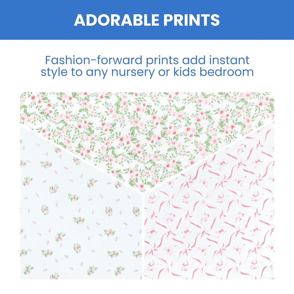 Delta Children Fitted Crib Sheets for Girls and Boys - Crib Sheet for Standard Crib and Toddler Mattresses - 28x52 Inch (Pack of 3), Pink Floral