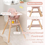 BABY JOY Baby High Chair, 6 in 1 Convertible Wooden High Chair for Babies & Toddlers with Adjustable Legs, Double Removable Tray, Safety Harness & Waterproof PU Cushion (Pink)