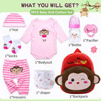 8 Pcs Reborn Baby Doll Clothes with Cute Monkey Backpack for 17-22 Inch Babydolls, Baby Doll Accessories and Clothes Outfit fit Newborn Girl