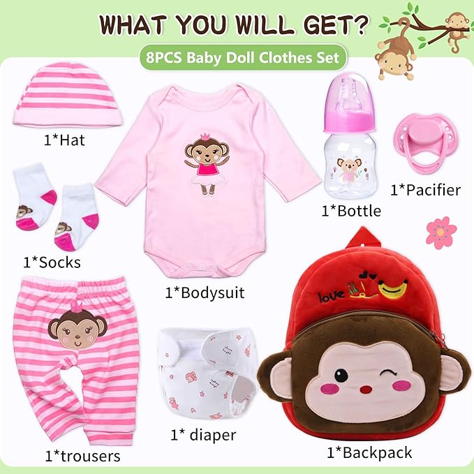 8 Pcs Reborn Baby Doll Clothes with Cute Monkey Backpack for 17-22 Inch Babydolls, Baby Doll Accessories and Clothes Outfit fit Newborn Girl