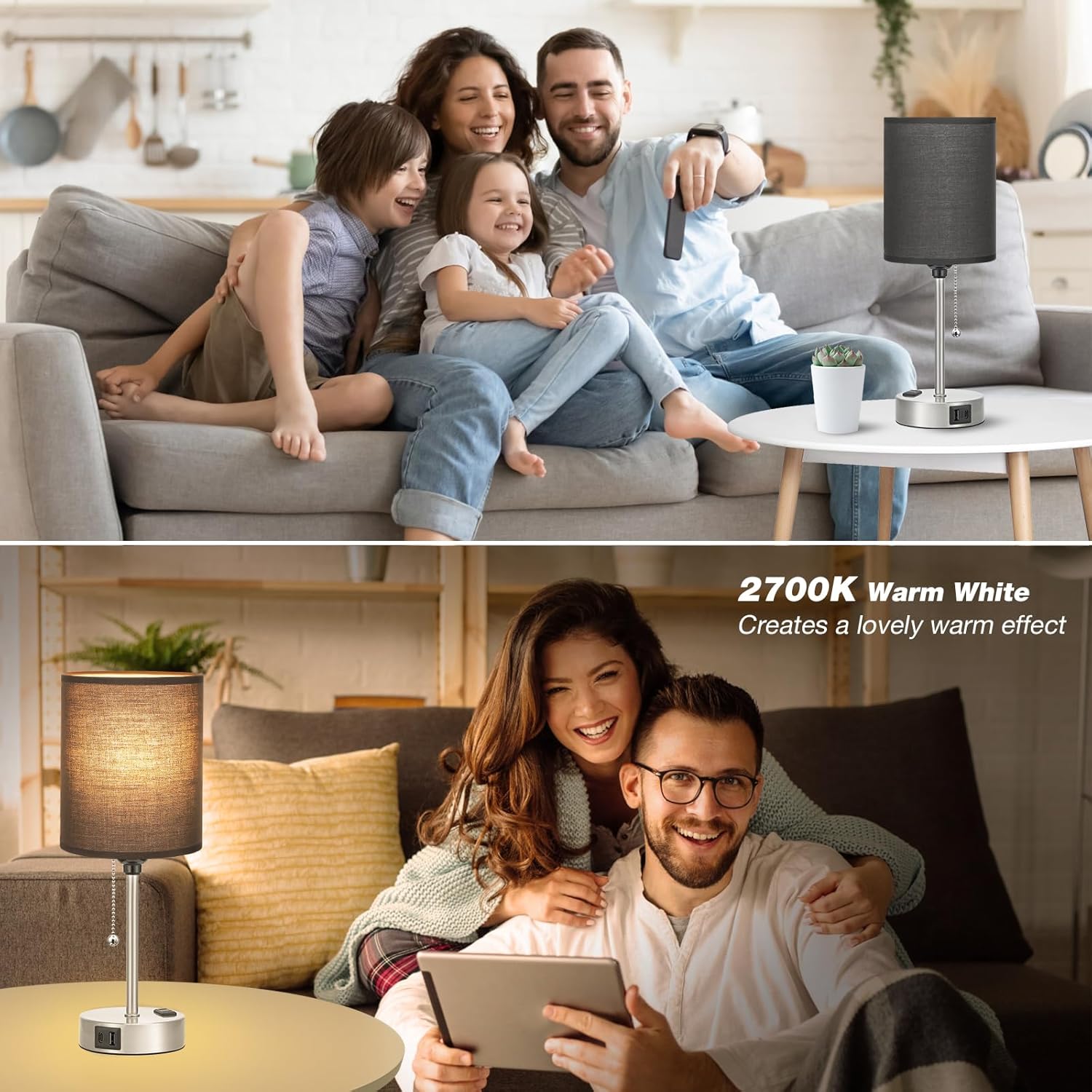 Black Table Lamp for Bedroom Nightstand - 3 Color Temperature Bedside Lamp with USB C and A Ports, Pull Chain Lamp for Bedroom with AC Outlet, Small Lamps Silver Metal Base for Kids Boys/Dorm Room