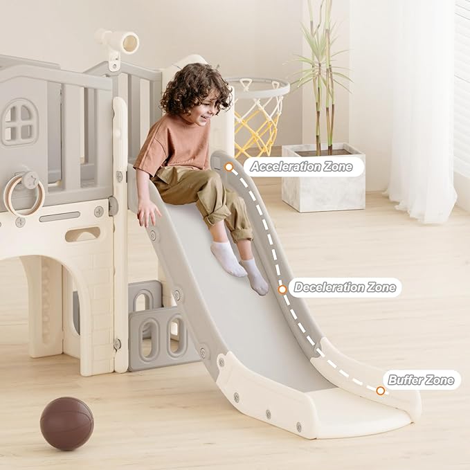 YUFU 8 in 1 Toddler Slide Set, Kids Slide for Toddlers Age 1-3, Toddler Playset with Climber, Basketball Hoop and Ball, Outdoor Indoor Playground for Toddlers 1-3 (Beige+Gray)