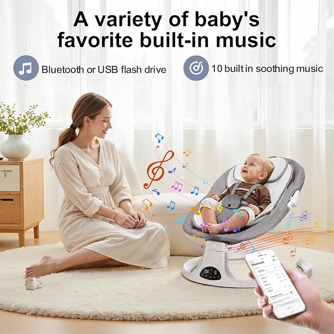 Baby Swing for Newborn to Toddler, 5 Speed Portable Infant Swing with Bluetooth Touch, Remote Control, 10 Lullabies, Timer, 5 Point Harness and Soft Fabric (Grey)
