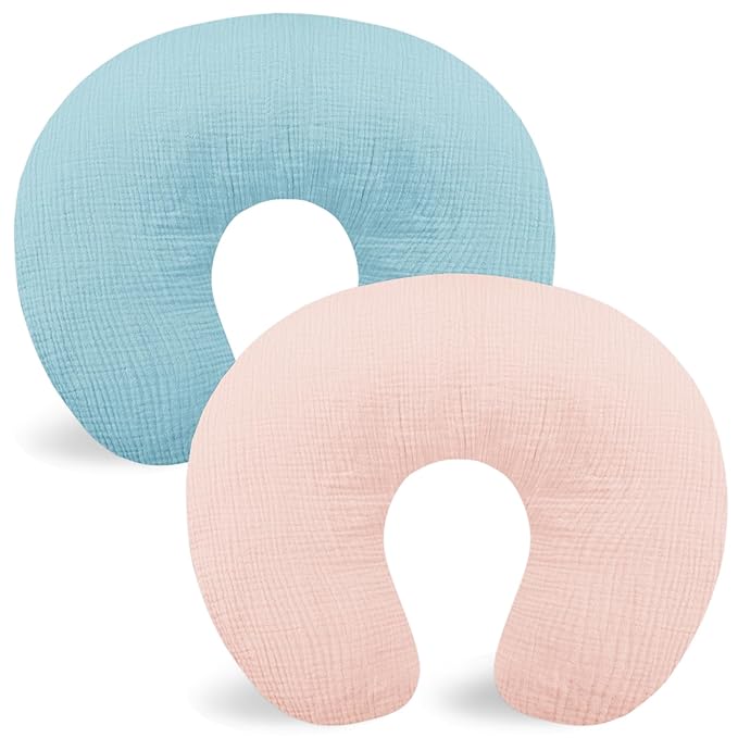 Hooyax Muslin Nursing Pillow Covers 2 Pack, Soft and Breathable Nursing Covers for Breastfeeding Pillows, Adorable Infant Feeding Pillow Slipcover for Baby Boy and Girls (Blue Pink)