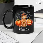 Custom Halloween Orange Tabby Coffee Cup, Personalized Name Orange Tabby with Pumpkins Ceramic Mug, Cat Witch Pumpkin Mug 11oz 15oz, Pet Cat Halloween Black Cup, Gift Idea for Pet Enthusiast