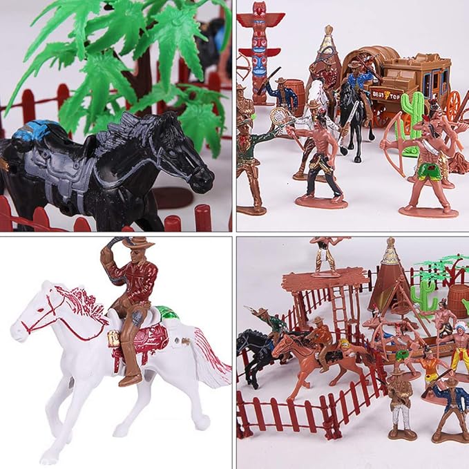 NUOBESTY Cowboys and Indians Plastic Figures Playset, Wild West Cowboys and Indians Models for Miniature Sandbox Decoration Educational Toys for Children